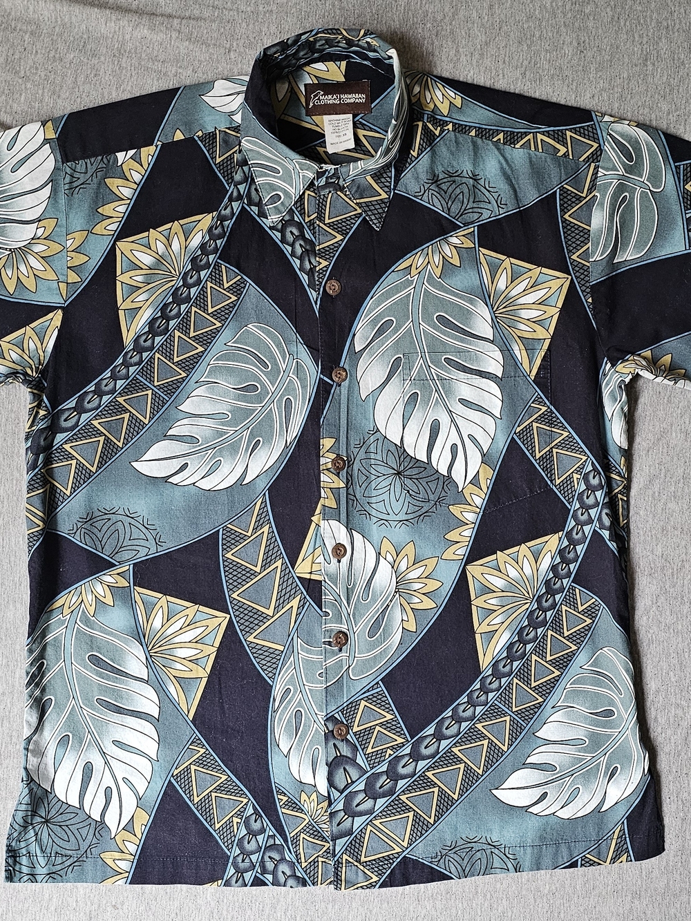 Maika Navy, Teal & White Tropical Print Button-Down Shirt